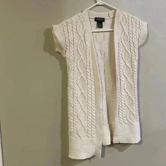 ❤️2/$30❤️[XS]Eddie Bauer Cable Knit Sweater Open Cardigan Capped  Sleeve linen - Picture 1 of 6